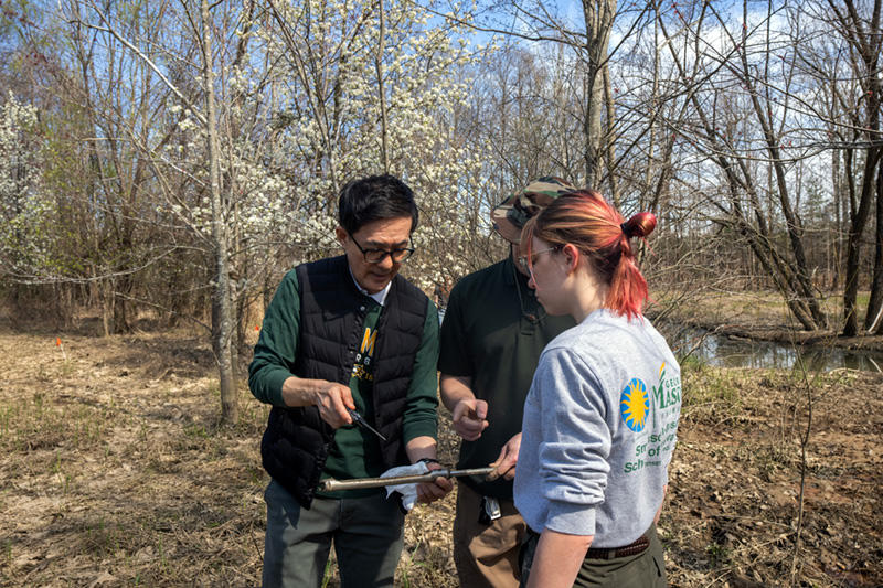 Students test soil samples from the wetland ecosystem lab on the Fairfax Campus